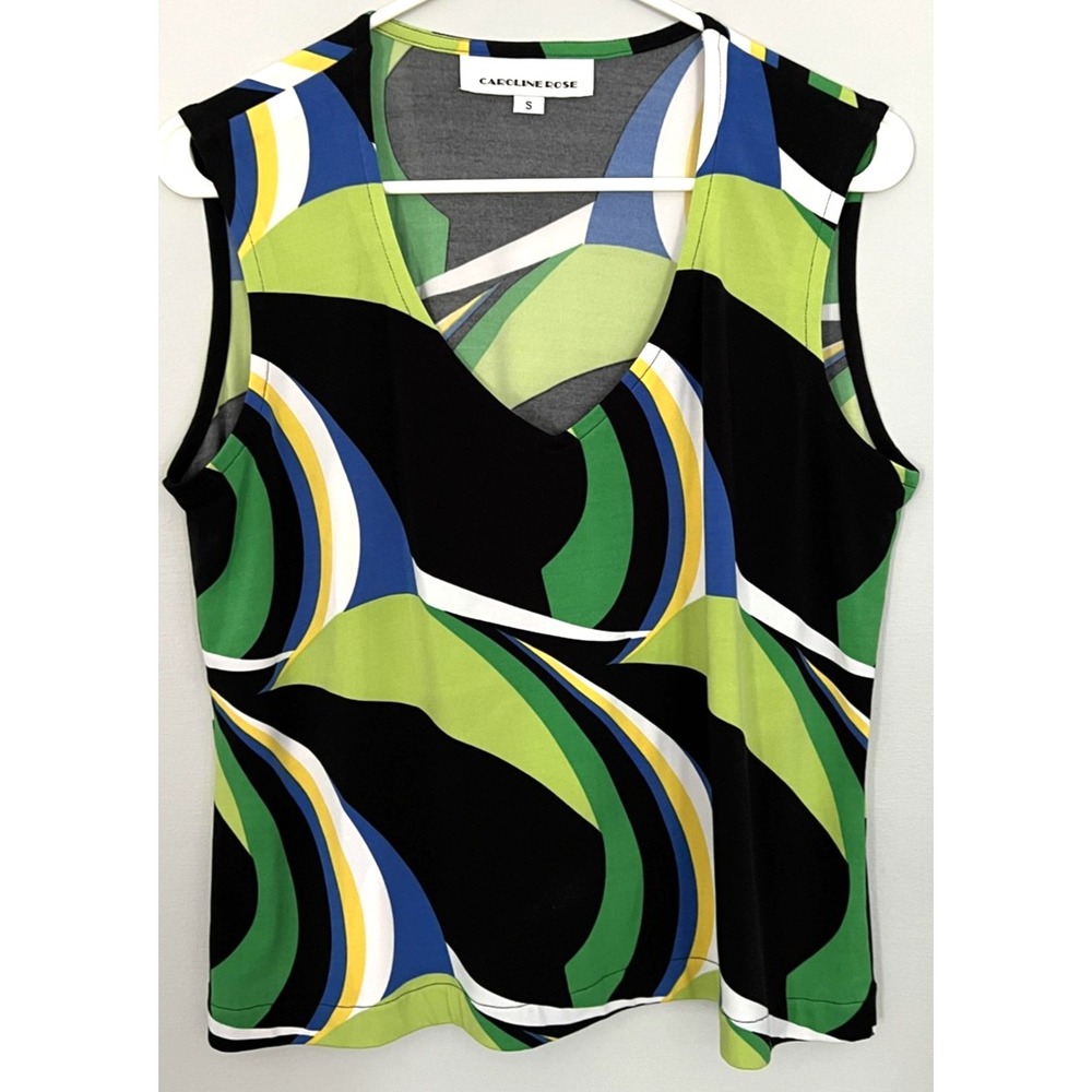 Caroline Rose Sleeveless Top Womens Small Green Blue Black V-Neck Made in USA